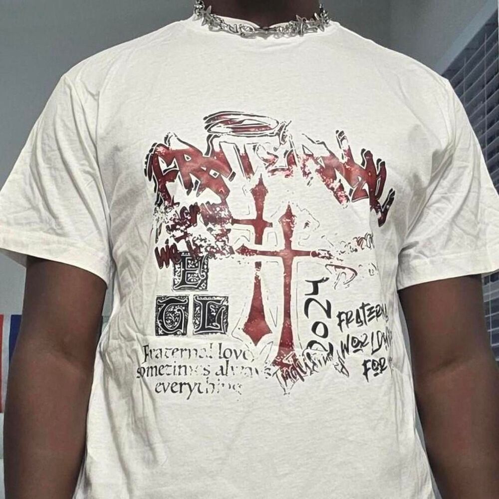 Y2K Grunge Cross Graffiti Graphic White T-Shirt Streetwear Tee